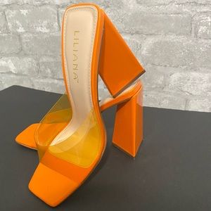 Square toe orange triangle heels